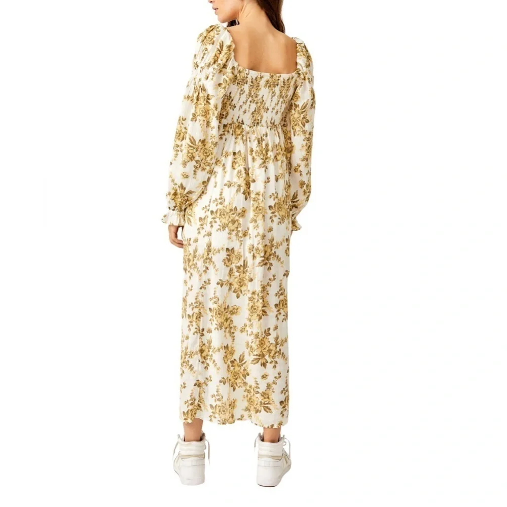 Free People Jaymes Floral Midi Dress in Pastry Cream with balloon sleeves